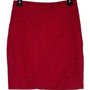J. Crew The Pencil Mini Skirt Floral Eyelet Lace Lined Back Zip Up Slit 2 P Red